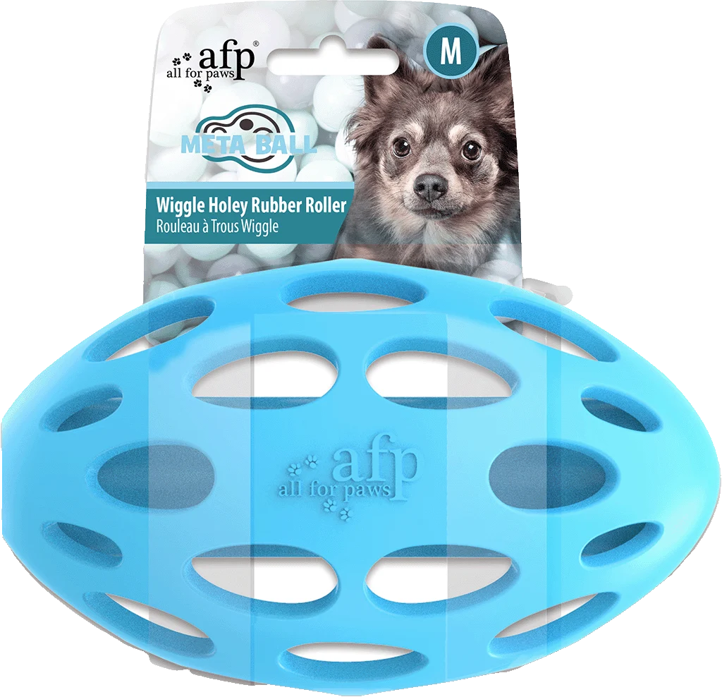 Palla per cani con fori e suono ridacchiante, M, 11,5 x 7 x 7 cm – AFP Meta Ball Wiggle Holey Roller - immagine 1