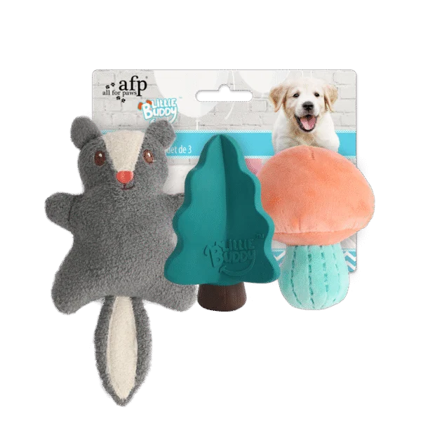 Set di giochi per cuccioli con 2 peluche e squeaker, 3 pezzi – AFP Little Buddy 3-Pack Toy Woodland