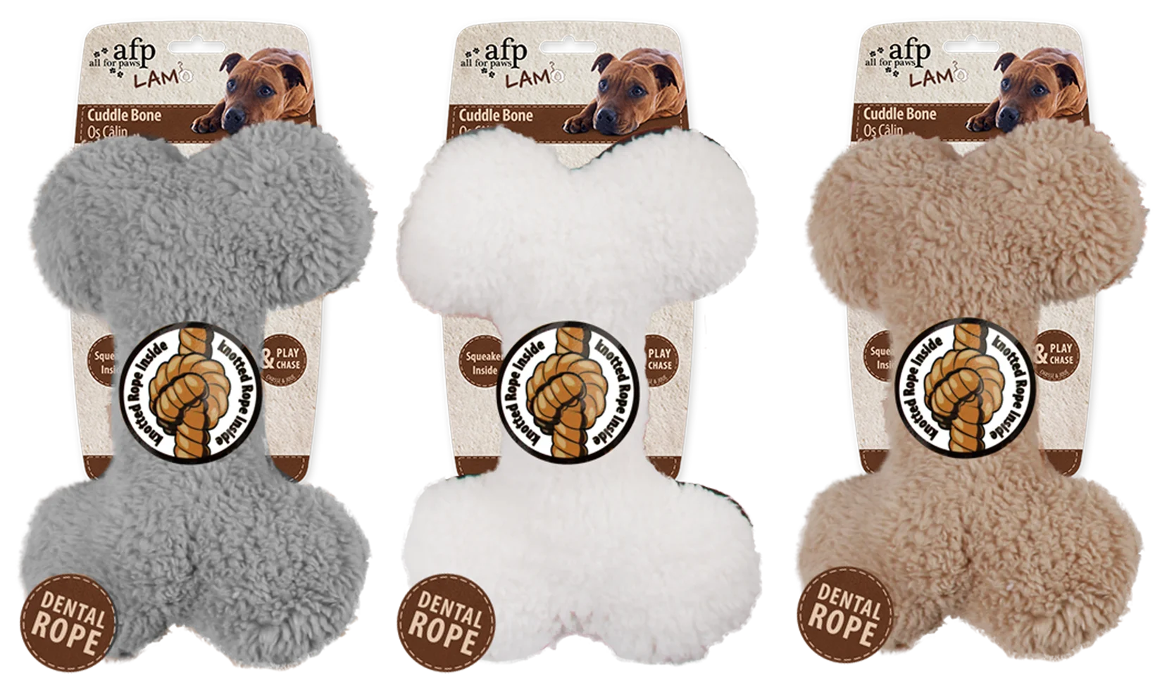 Osso di peluche con corda per i denti e squeaker, 23 x 15 x 6 cm – AFP Lambswool - Plush Bone - immagine 2