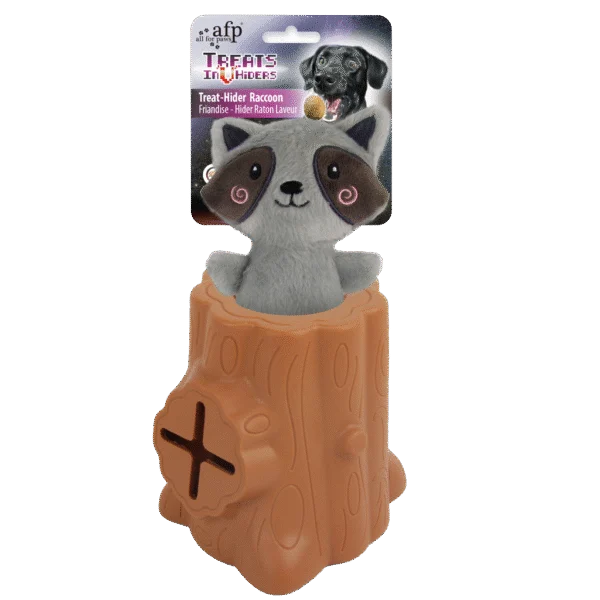 Gioco per snack in gomma con peluche, Procione, 6,5 x 8 x 13,2 cm – AFP Treats In "V" Hiders - Tree-Hider