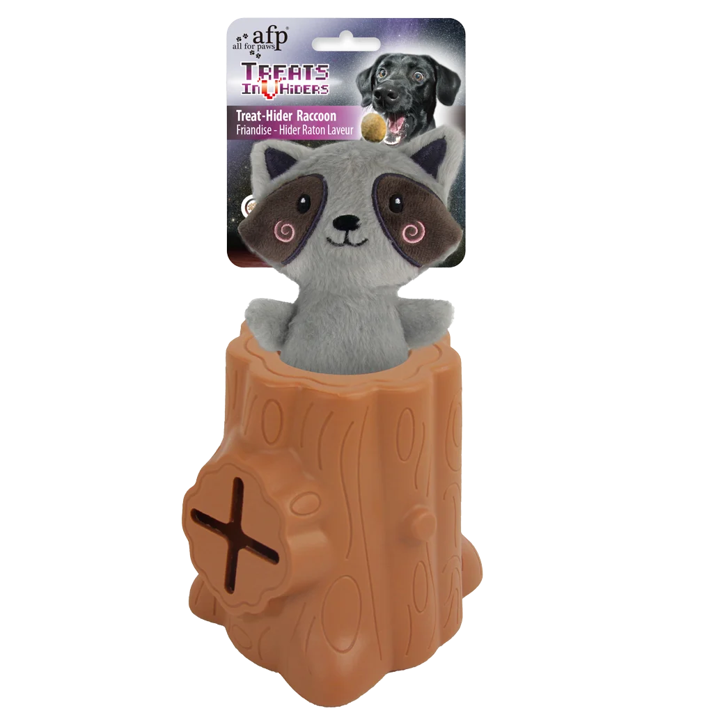 Gioco per snack in gomma con peluche, Procione, 6,5 x 8 x 13,2 cm – AFP Treats In "V" Hiders - Tree-Hider - immagine 1