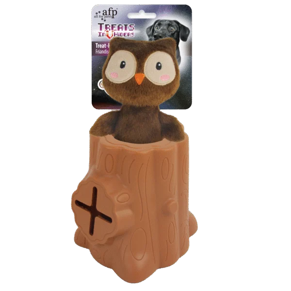 Gioco per snack in gomma con peluche, gufo, 6,5 x 8 x 13,2 cm – AFP Treats In "V" Hiders - Tree-Hider