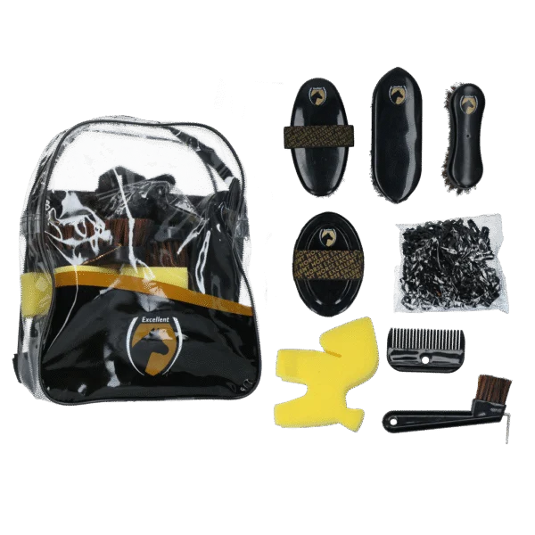 Set per la pulizia per giovani cavalieri con zaino, 200 elastici – Excellent Horse Grooming Set Junior