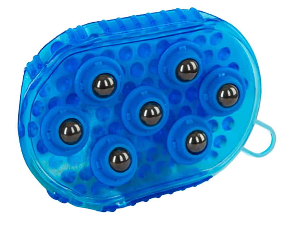 Spazzola massaggiante per cavalli con 7 rulli in acciaio inox, blu, 16 x 10 cm - immagine 1