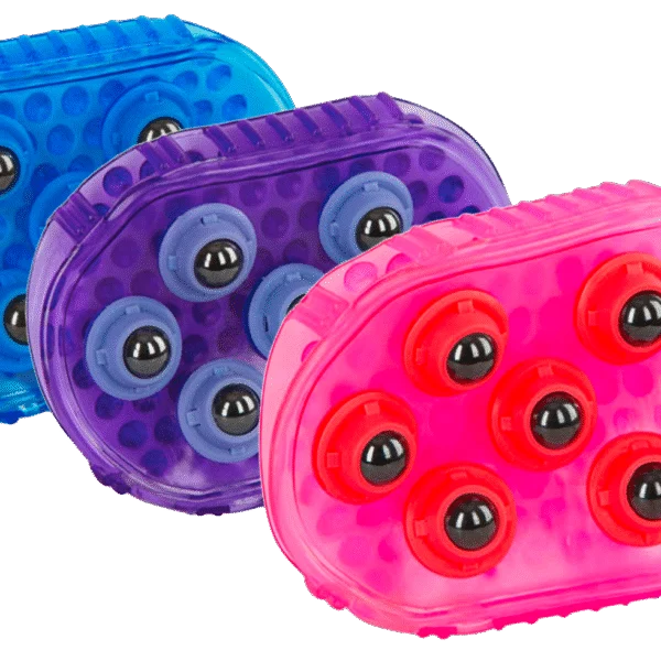 Spazzola massaggiante per cavalli con 7 rulli in acciaio inox, viola, 16 x 10 cm