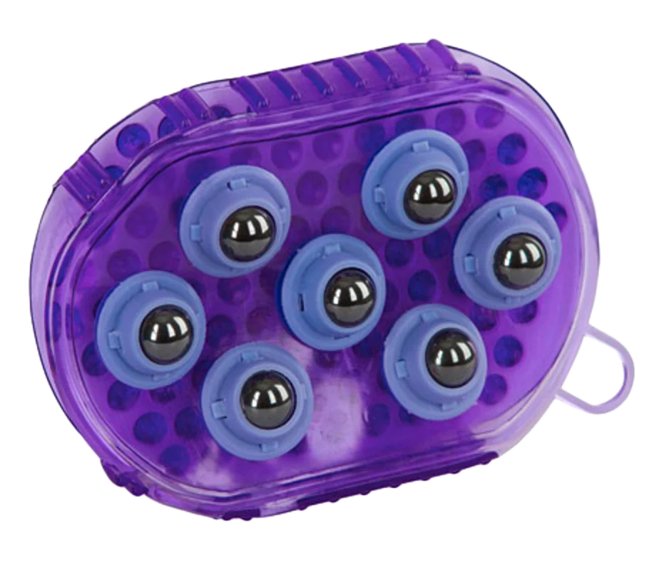 Spazzola massaggiante per cavalli con 7 rulli in acciaio inox, viola, 16 x 10 cm - immagine 3