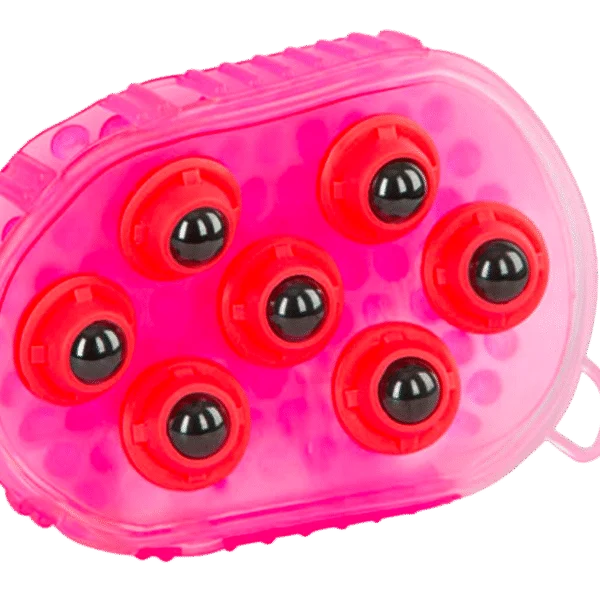 Spazzola massaggiante per cavalli con 7 rulli in acciaio inox, rosa, 16 x 10 cm
