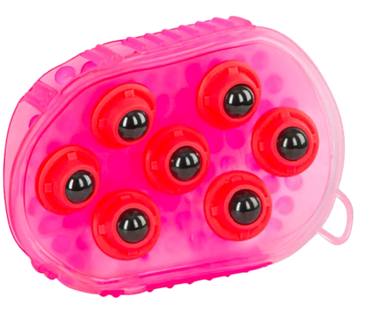 Spazzola massaggiante per cavalli con 7 rulli in acciaio inox, rosa, 16 x 10 cm