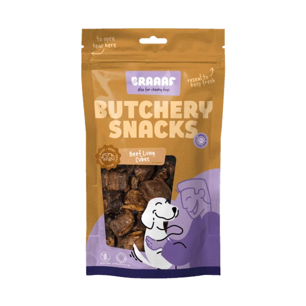 Snack per cani ai polmoni di manzo a cubetti, 85 g – Braaaf Butchery