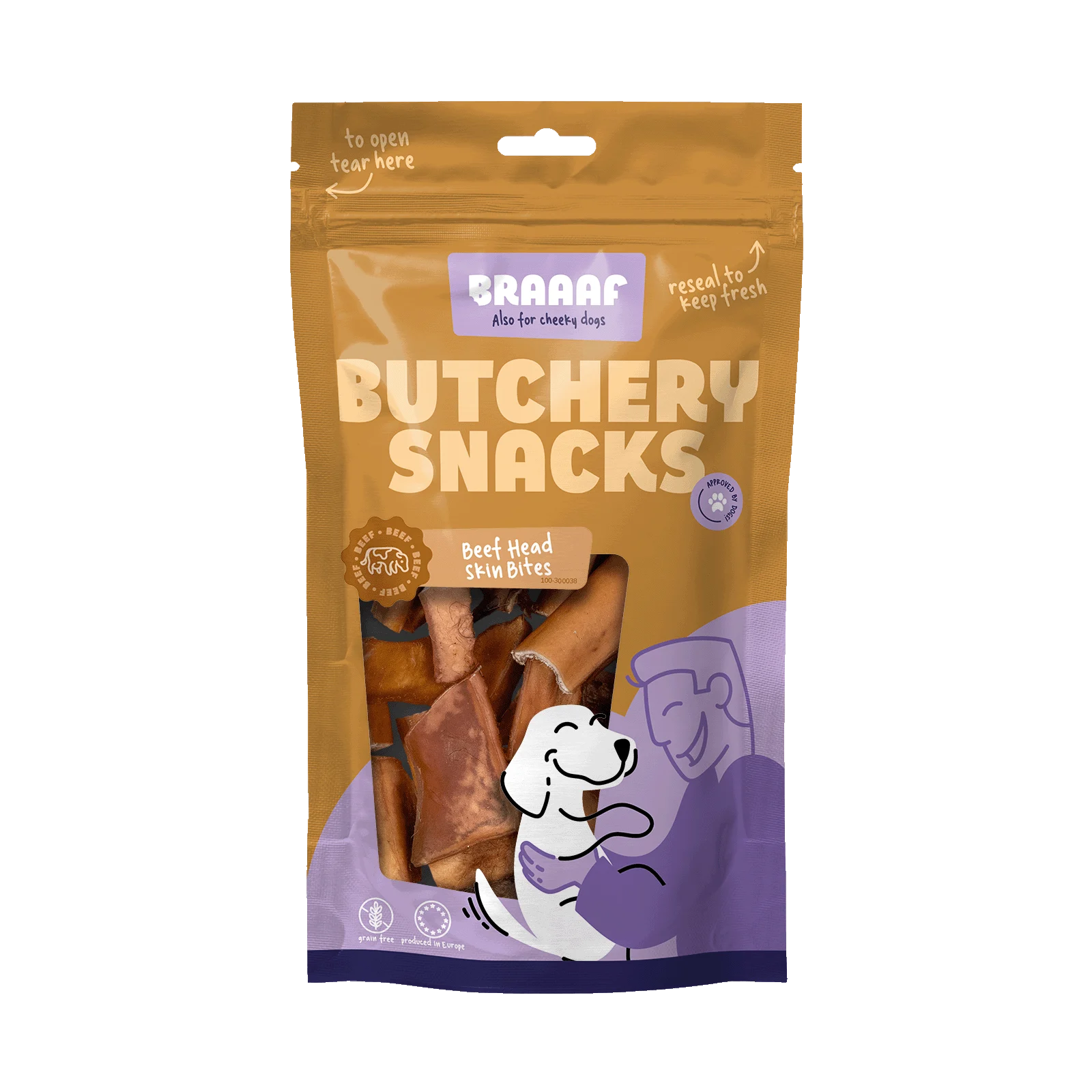 Snack da masticare per cani in pezzi di pelle di testa di bovino, 150 g – Braaaf Butchery - immagine 1