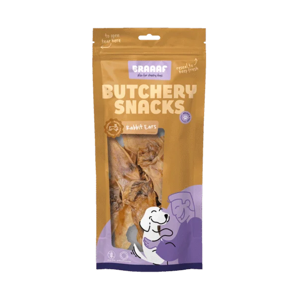 Snack da masticare a base di orecchie di coniglio per cani, 80 g – Braaaf Butchery