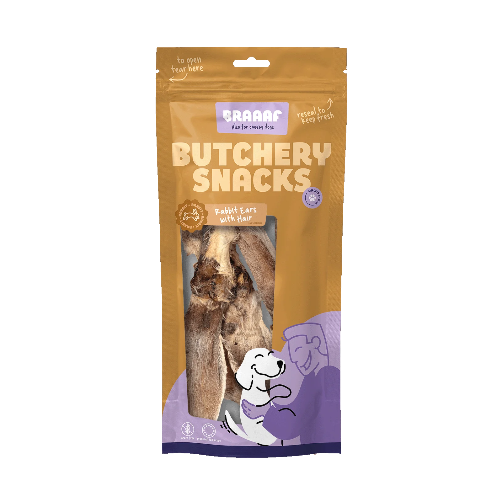 Snack da masticare per cani, orecchie di coniglio con pelo, 80 g – Braaaf Butchery - immagine 1