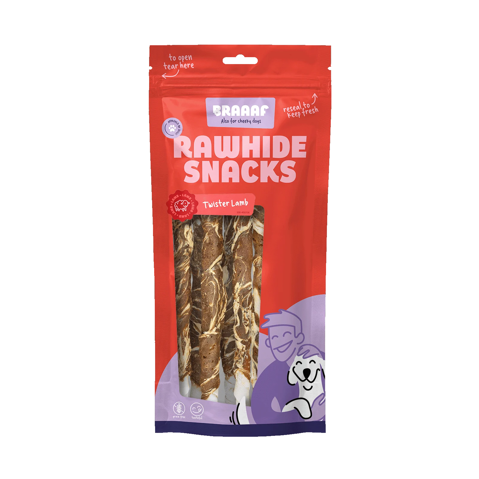 Snack da masticare a base di pelle di bufalo con agnello e pesce, 21 cm, 6 pezzi – Braaaf Rawhide Twister - immagine 1