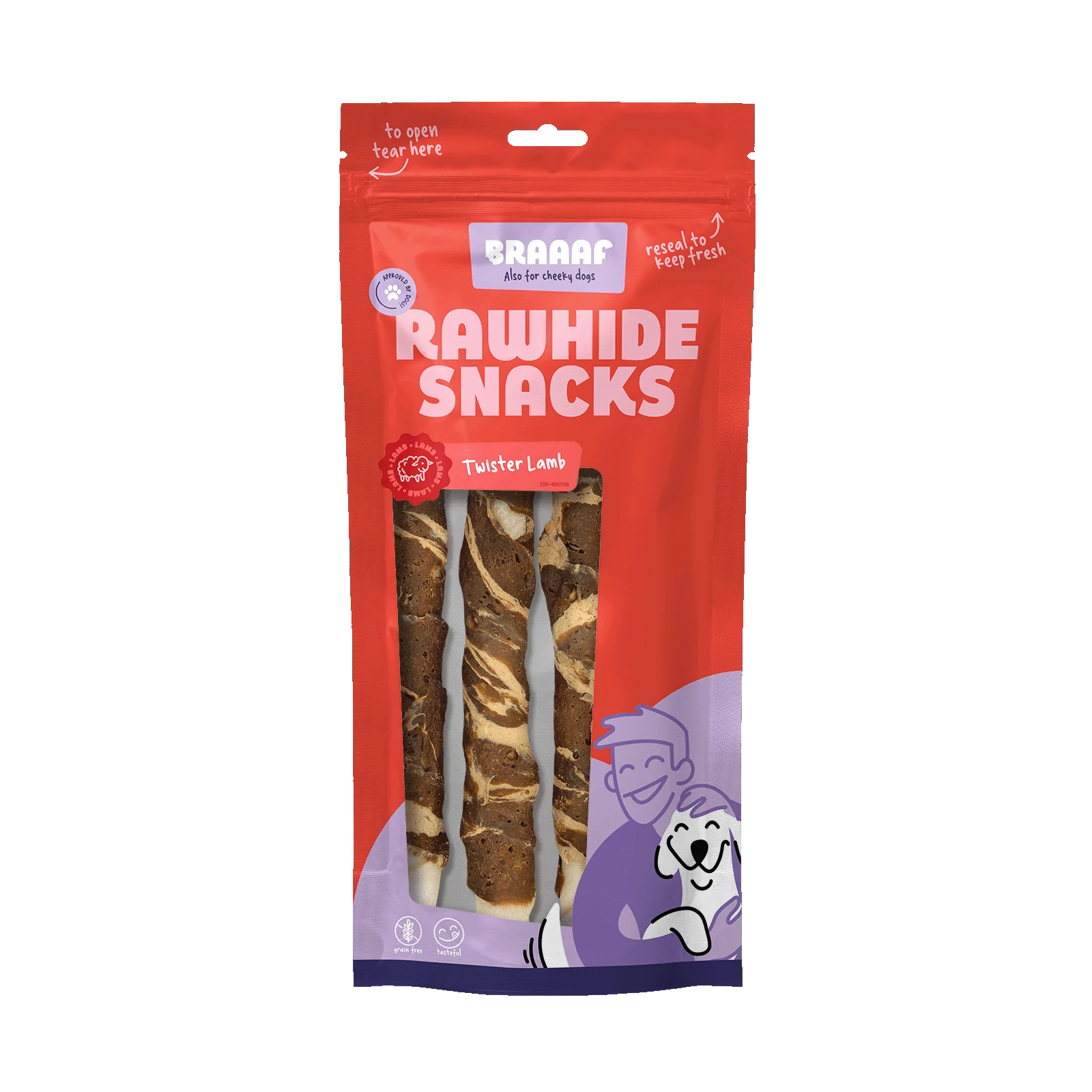 Snack da masticare in pelle di bufalo con agnello e pesce, 21 cm, 3 pezzi – Braaaf Rawhide Twister - immagine 1