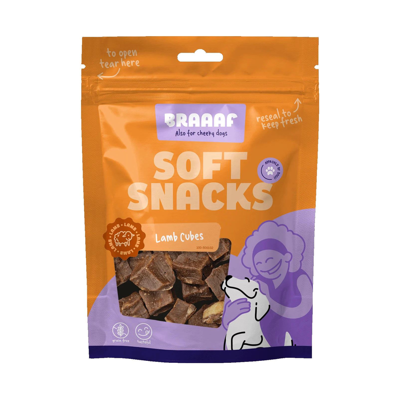 BRAA500102.png Cubetti snack per cani con agnello e pesce, senza cereali, 85 g – Braaaf Soft Snack Cubes - immagine 1