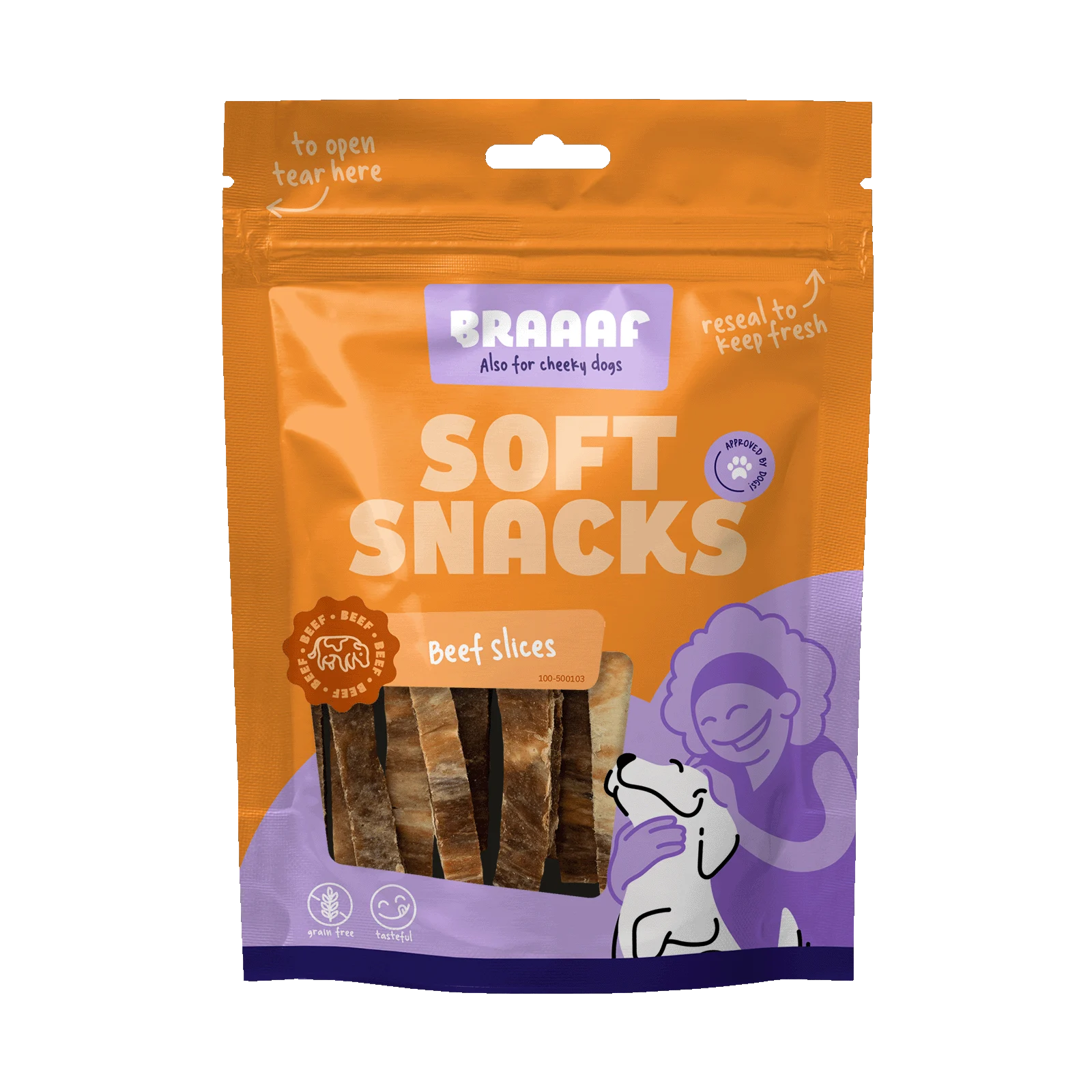 Snack morbidi per cani con manzo e pesce, senza cereali, 85 g – Braaaf Soft Snack Slices - immagine 1