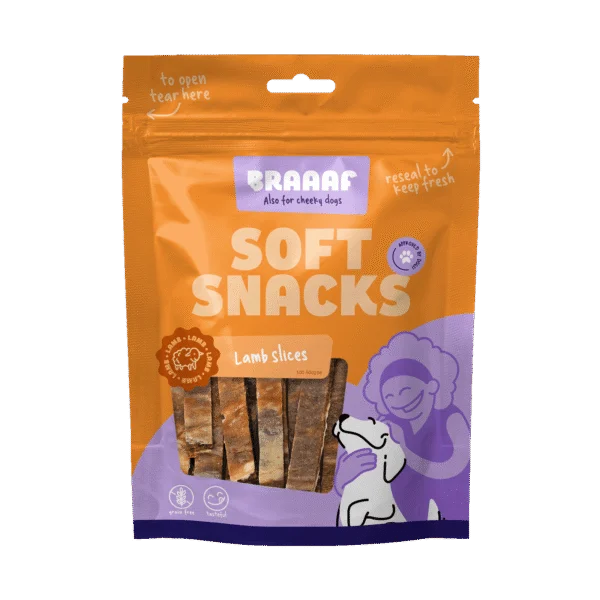 Snack morbidi per cani con agnello e pesce, senza cereali, 85 g – Braaaf Soft Snack Slices