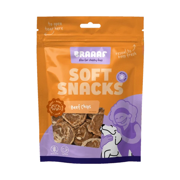 Snack per cani a forma di chips con manzo e pesce, senza cereali, 85 g – Braaaf Soft Snack Chips
