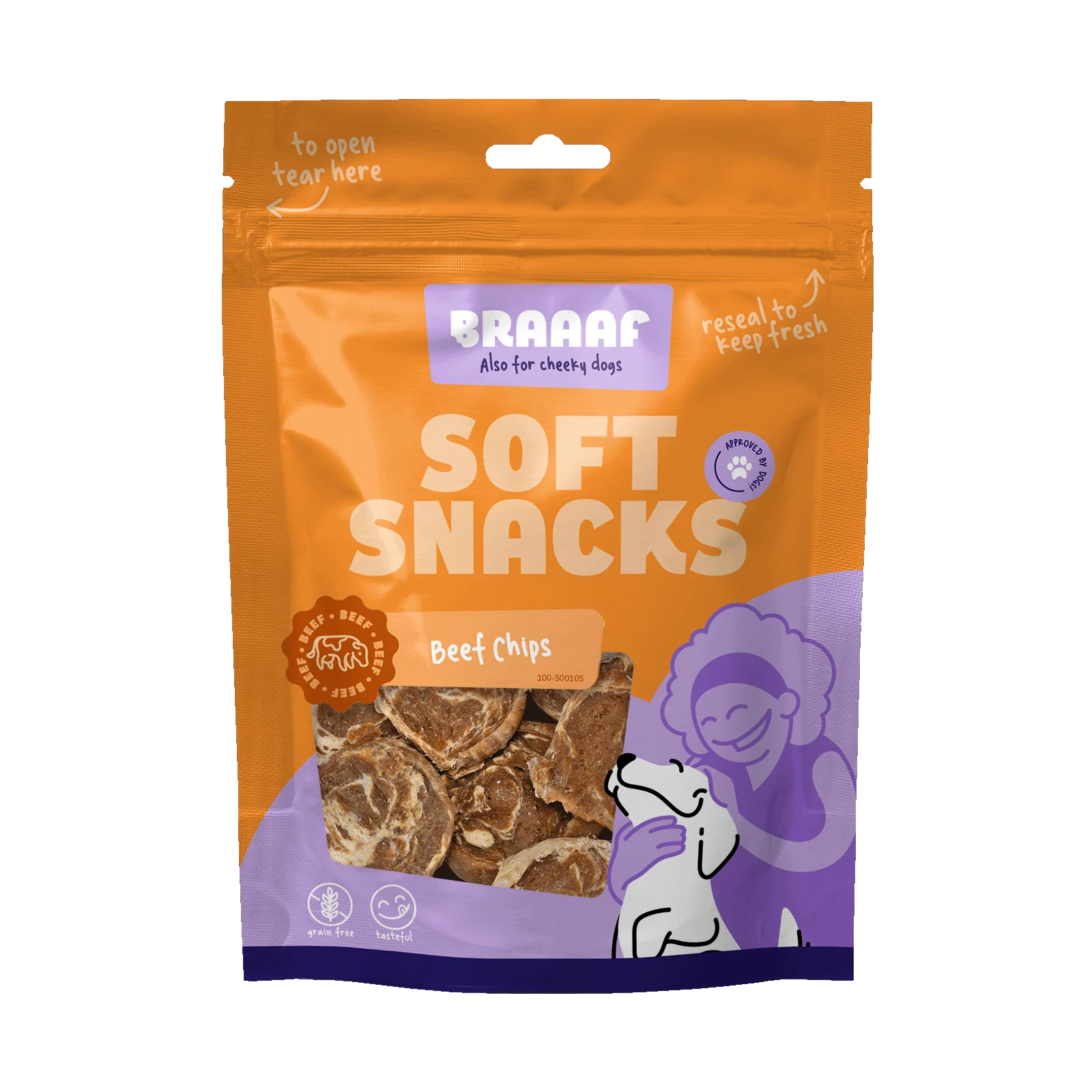 Snack per cani a forma di chips con manzo e pesce, senza cereali, 85 g – Braaaf Soft Snack Chips - immagine 1
