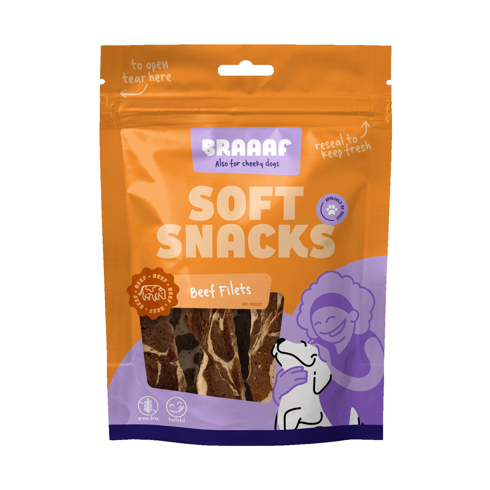 Snack per cani a forma di filetto con manzo e pesce, senza cereali, 85 g – Braaaf Soft Snack Filet - immagine 1