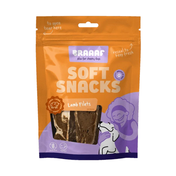 Snack per cani a forma di filetto con agnello e pesce, senza cereali, 85 g – Braaaf Soft Snack Filet
