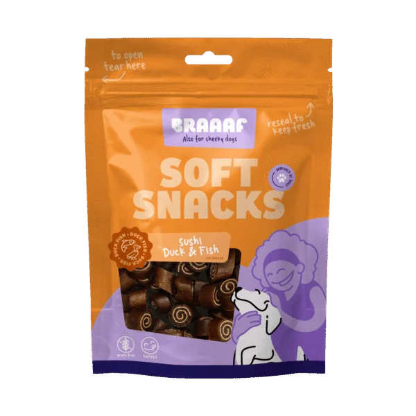 Snack morbidi per cani con anatra e pesce, senza cereali, 85 g – Braaaf Soft Snack Sushi
