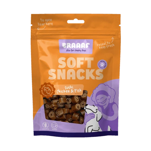 Snack morbidi per cani con pollo e pesce, senza cereali, 85 g – Braaaf Soft Snack Sushi