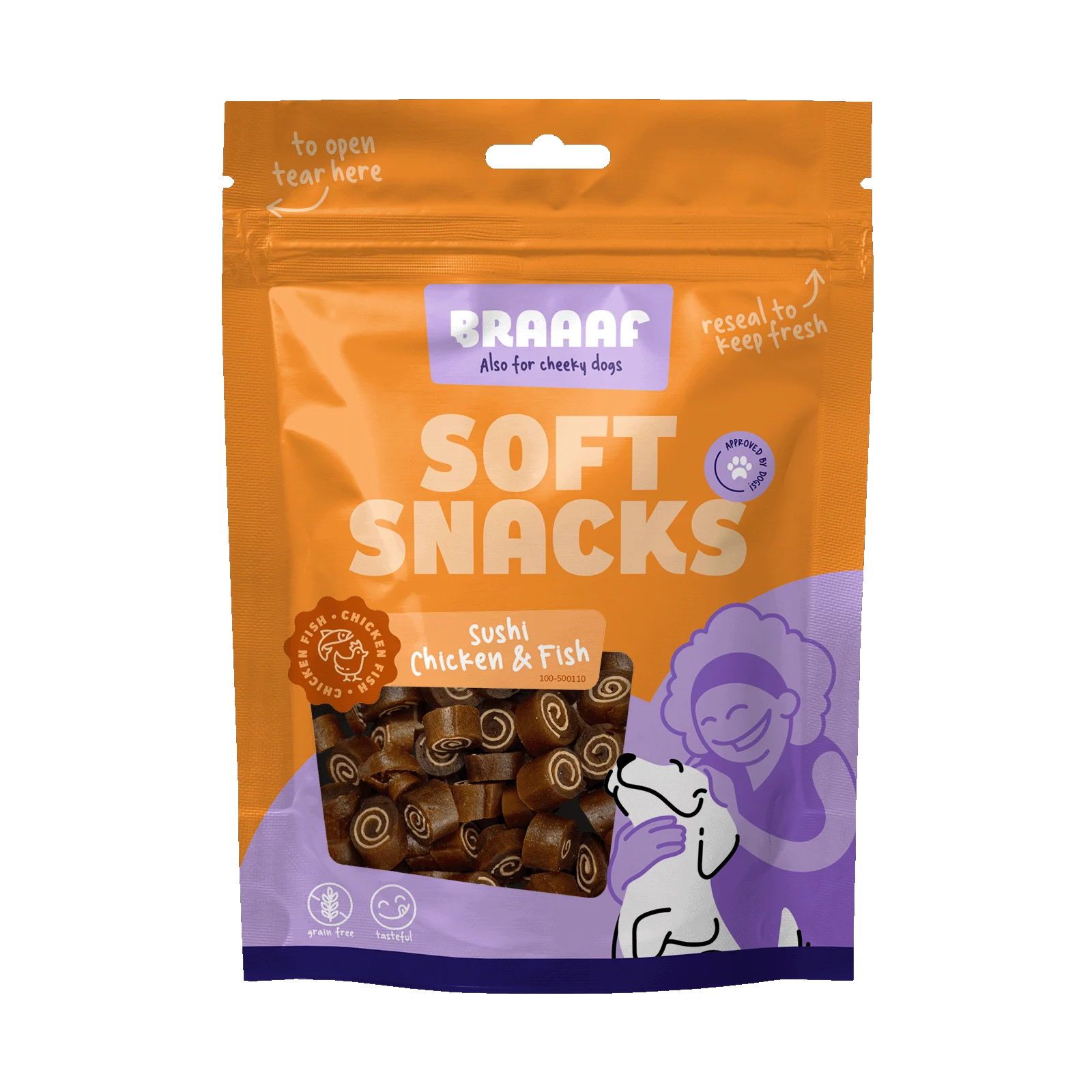 Snack morbidi per cani con pollo e pesce, senza cereali, 85 g – Braaaf Soft Snack Sushi - immagine 1