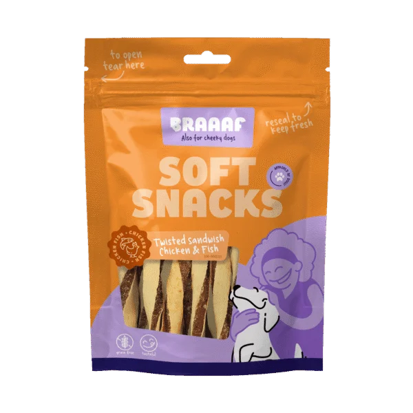 Snack per cani a forma di Sandwich attorcigliato con pollo e pesce, senza cereali, 85 g – Braaaf Soft Snack Sandwich attorcigliato