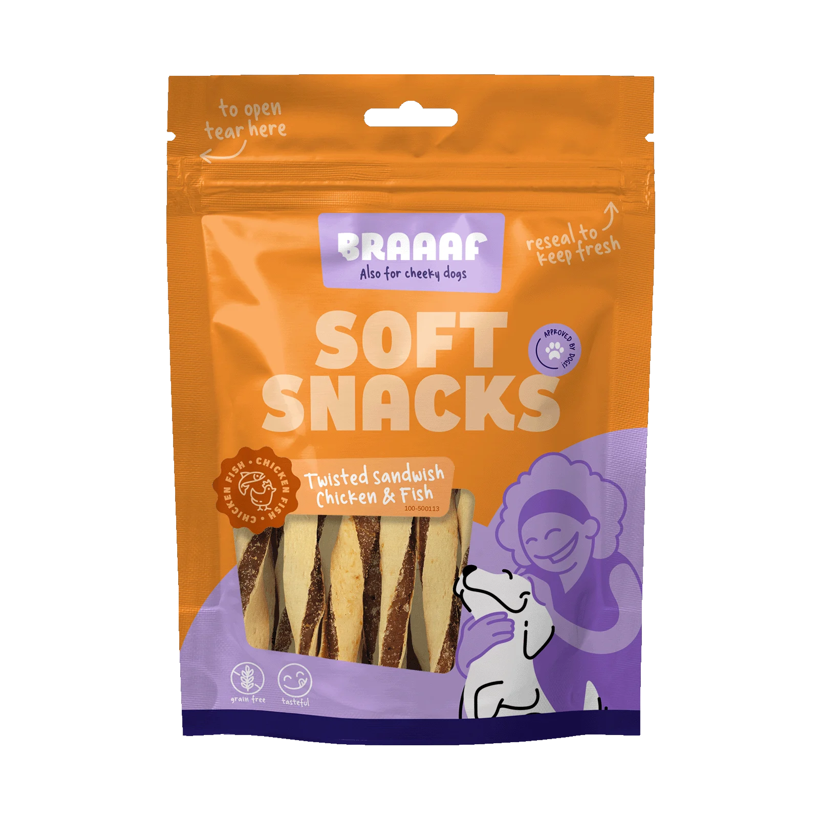 Snack per cani a forma di Sandwich attorcigliato con pollo e pesce, senza cereali, 85 g – Braaaf Soft Snack Sandwich attorcigliato - immagine 1
