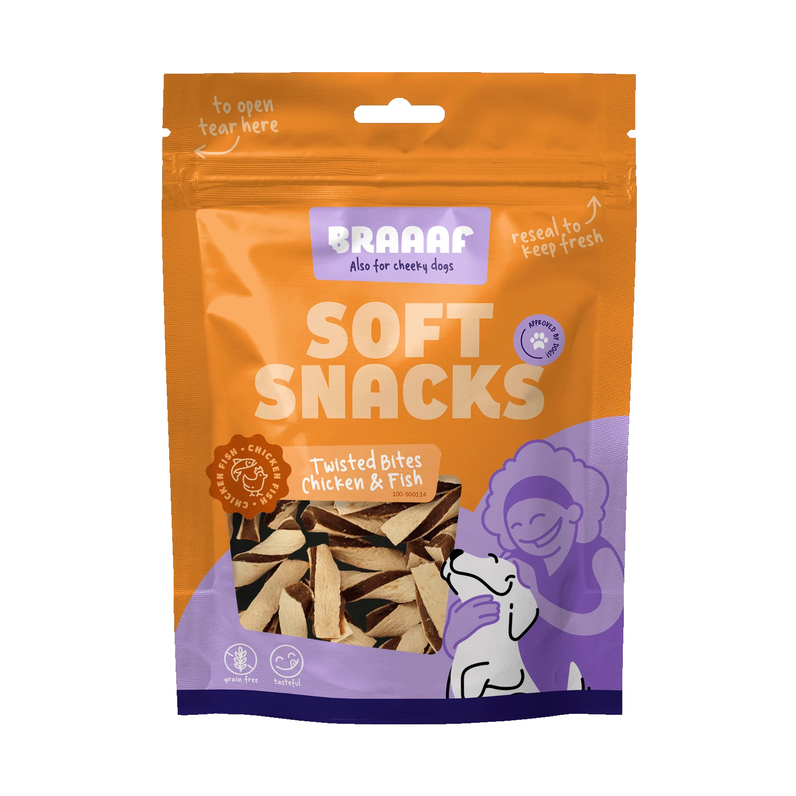 Bocconcini per cani con pollo e pesce, senza cereali, 85 g – Braaaf Soft Snack Gedraaide Bites - immagine 1