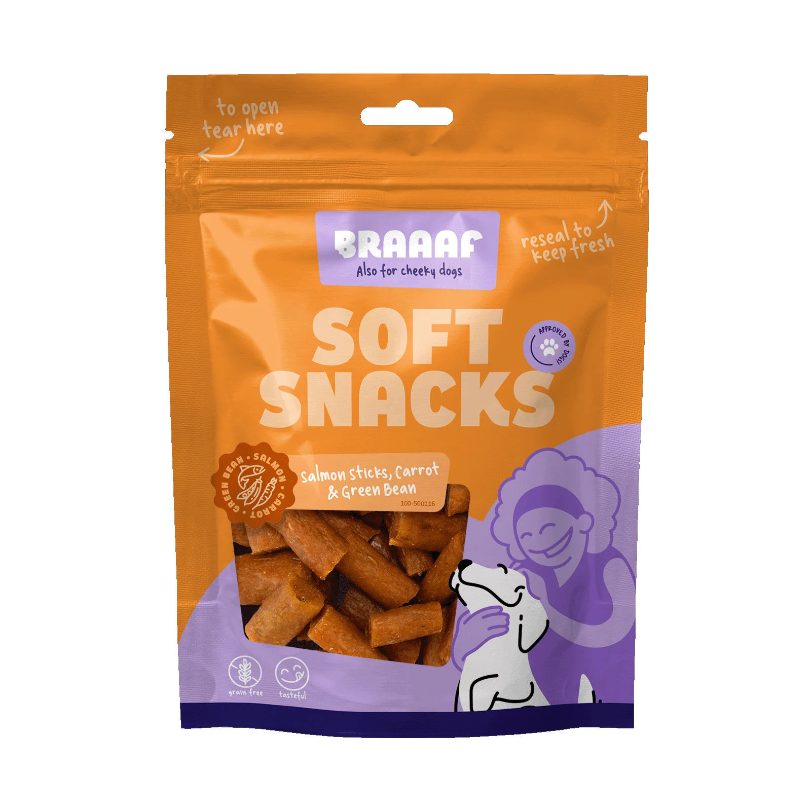 Snack morbido per cani al salmone, carota e fagiolini, 85 g – Braaaf Soft Snack Stick al salmone - immagine 1
