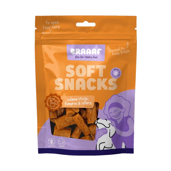 Strisce snack per cani con salmone, zucca e sedano, 85 g – Braaaf Soft Snack