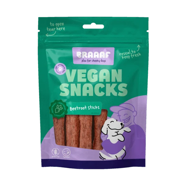 Snack per cani alla barbabietola rossa, stick da 12 cm – Braaaf Vegan Snack Rode Biet Stick