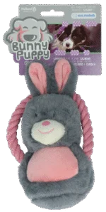 Peluche per cani a forma di coniglio, in morbido tessuto e con squeaker – Bunny Puppy Ropey Swing