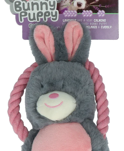 Peluche per cani a forma di coniglio, in morbido tessuto e con squeaker – Bunny Puppy Ropey Swing