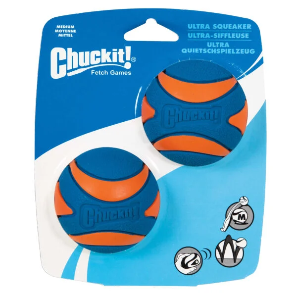 Palla sonora in gomma per cani M, ø 6 cm, 2 pezzi – Chuckit! Ultra Squeaker Ball
