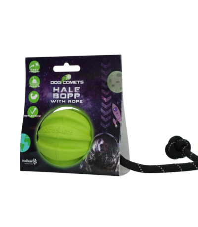 Palla per cani in gomma naturale con corda, 6 cm, verde – Dog Comets Hale Bopp