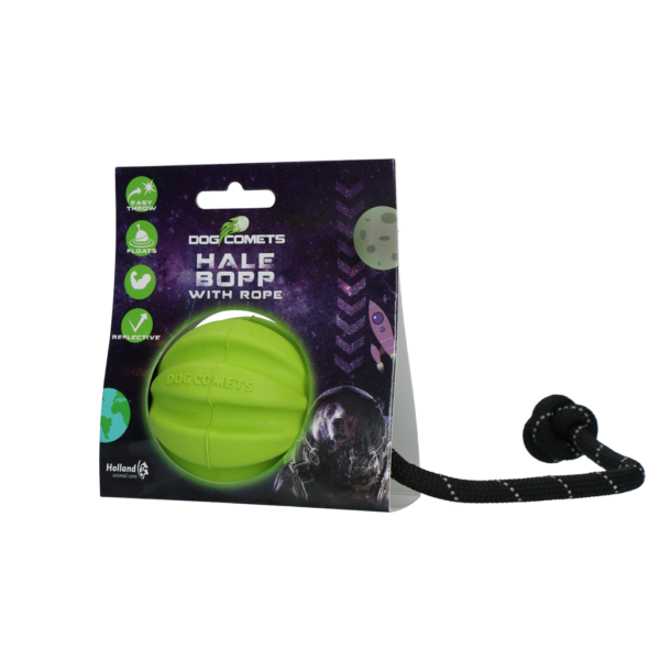 Palla per cani in gomma naturale con corda, 6 cm, verde – Dog Comets Hale Bopp