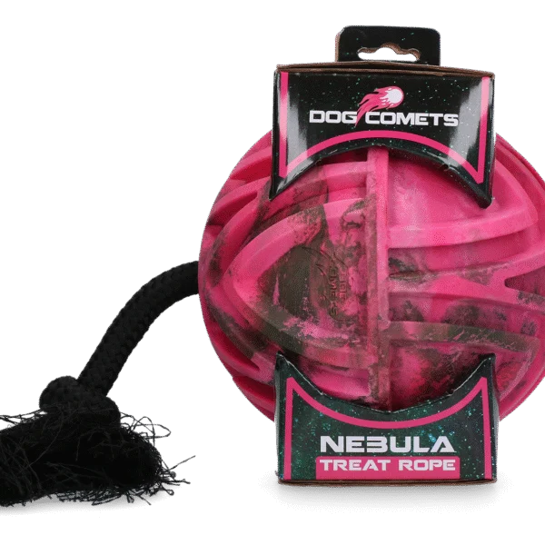 Palla porta crocchette con corda e apertura per snack, Ø 18 cm, rosa – Dog Comets Nebula Treat Rope
