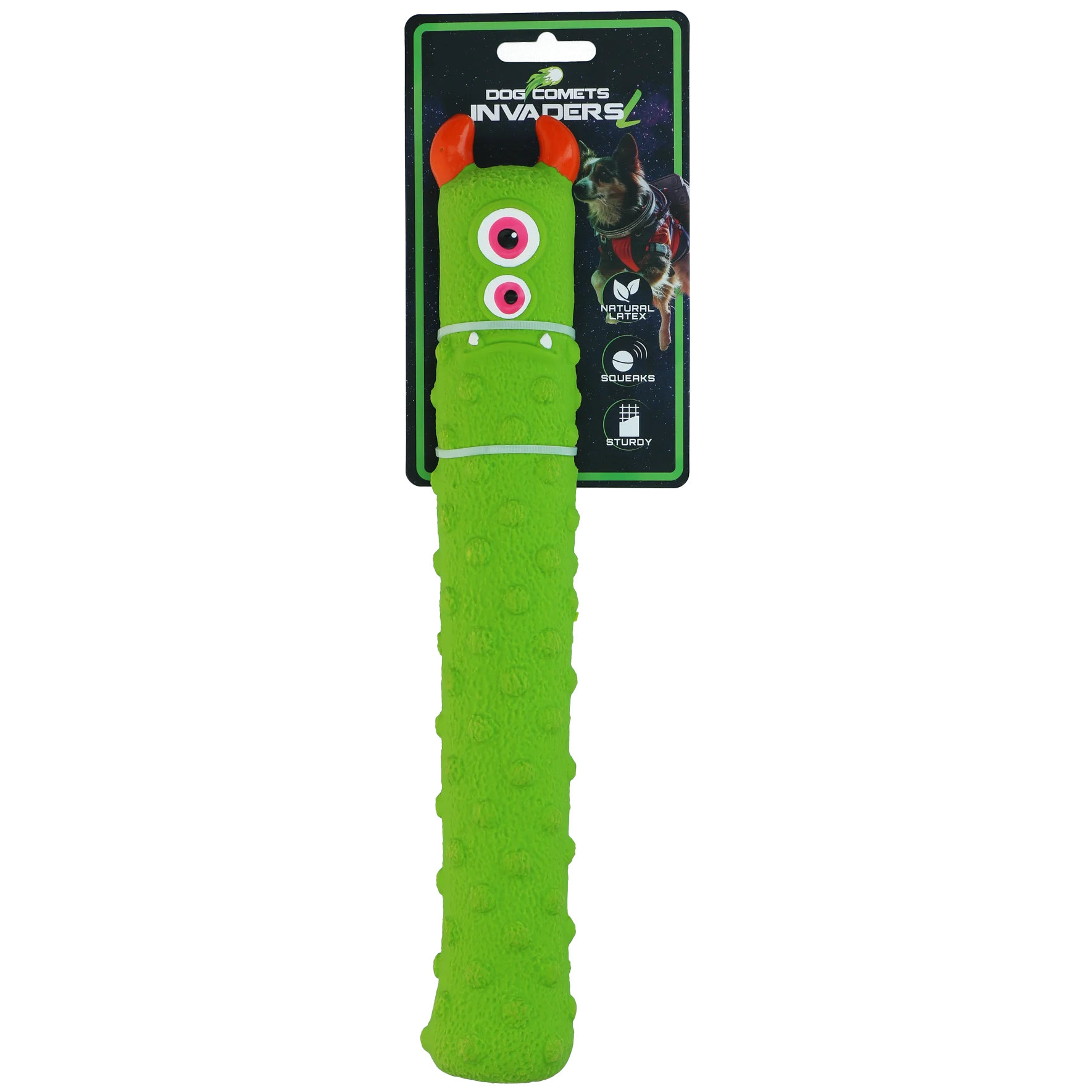 COME0183CL.png Gioco in lattice per cani con squeaker, verde L – Dog Comets Latex Invaders - immagine 1