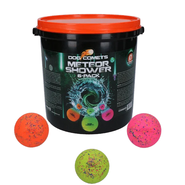 Palline in gomma per cani con secchiello, 6 pezzi M – Dog Comets Meteor Shower