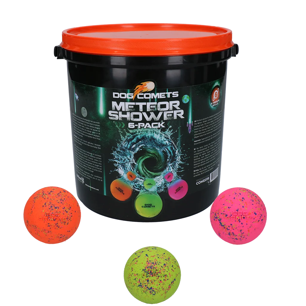 Palline in gomma per cani con secchiello, 6 pezzi M – Dog Comets Meteor Shower - immagine 1