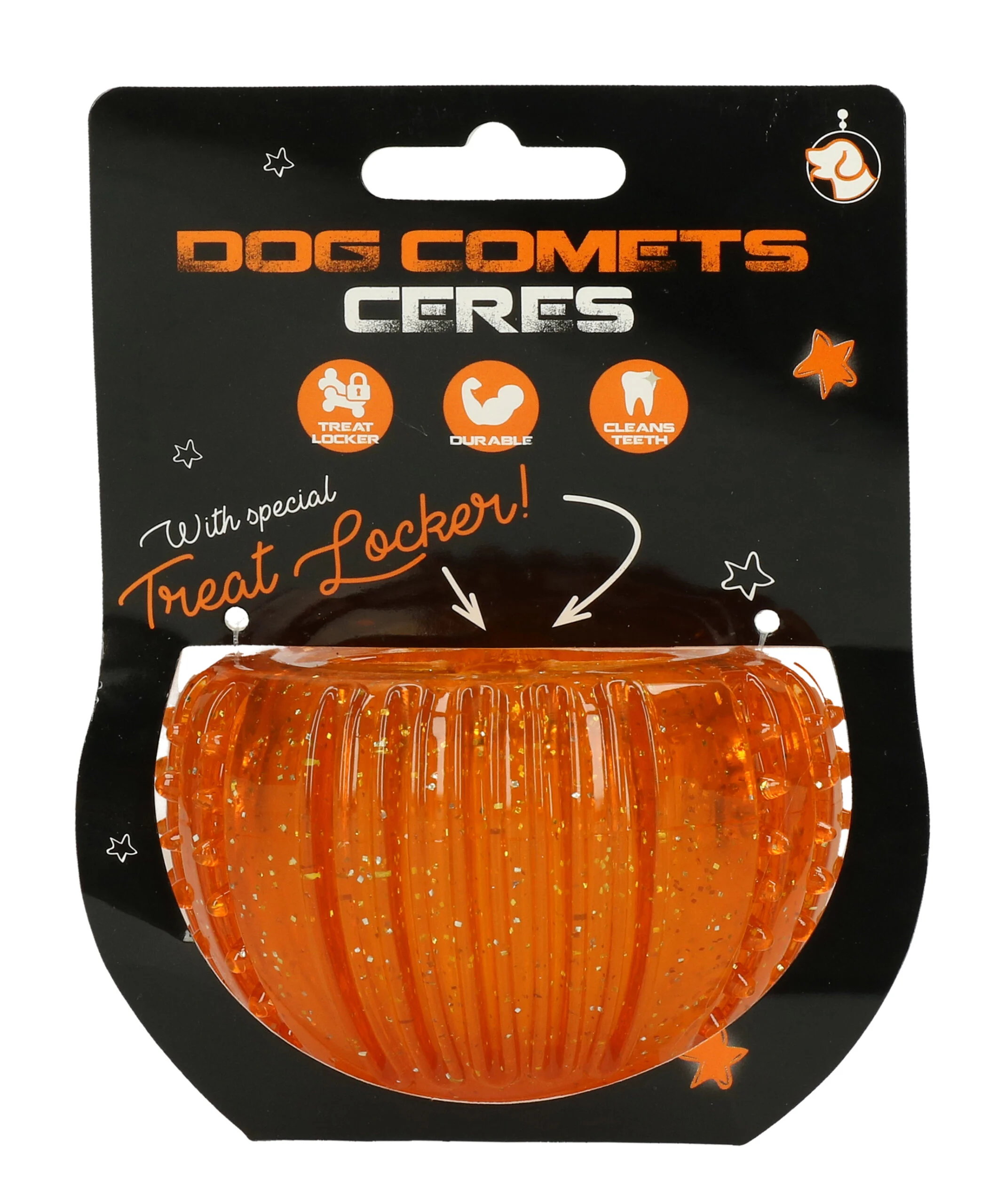 Gioco premiante in gomma TPR, arancione, ø 7 cm – Dog Comets Ceres - Treat Locker - immagine 1