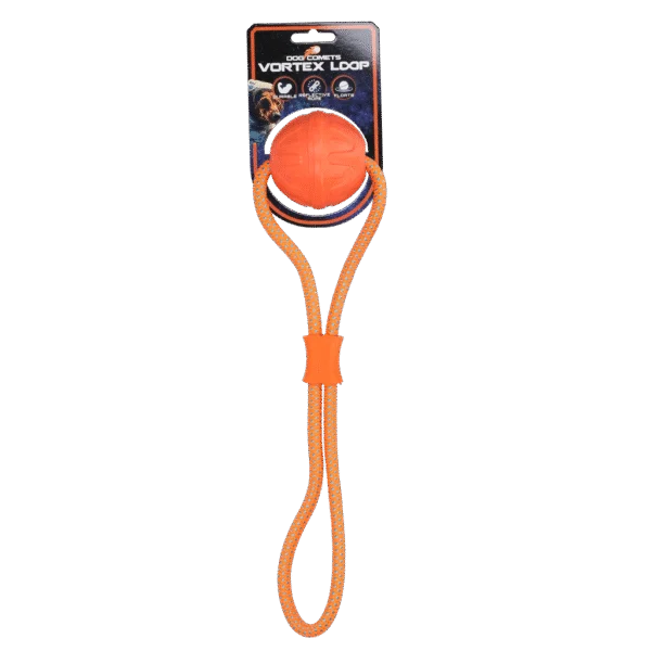Palla per cani con corda riflettente, galleggiante, arancione – Dog Comets Vortex Loop