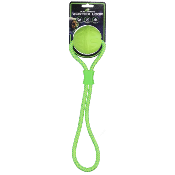 Palla per cani con corda riflettente, galleggiante, verde – Dog Comets Vortex Loop