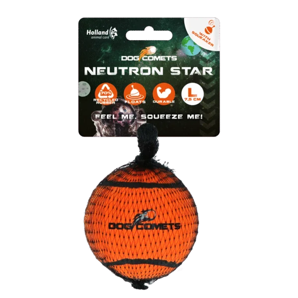 Pallina da tennis con squeaker e bordo in gomma, arancione L, 7,5 cm – Dog Comets Neutron Star