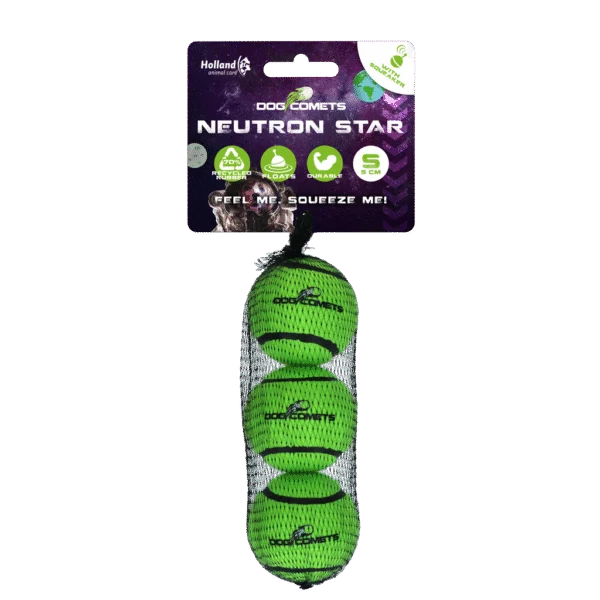 Pallina da tennis per cani con squeaker S, Ø 5 cm, verde, 3 pezzi – Dog Comets Neutron Star