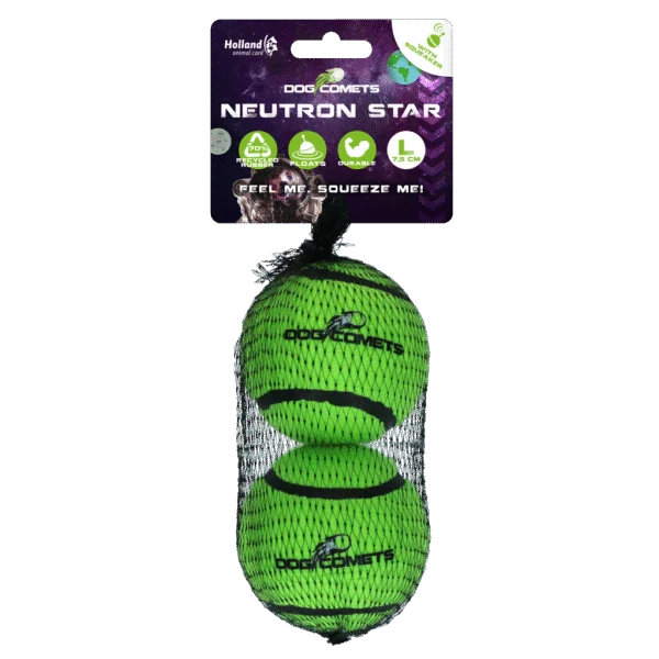 Pallina da tennis con squeaker e bordo in gomma, Verde L, 7,5 cm, 2 pezzi – Dog Comets Neutron Star