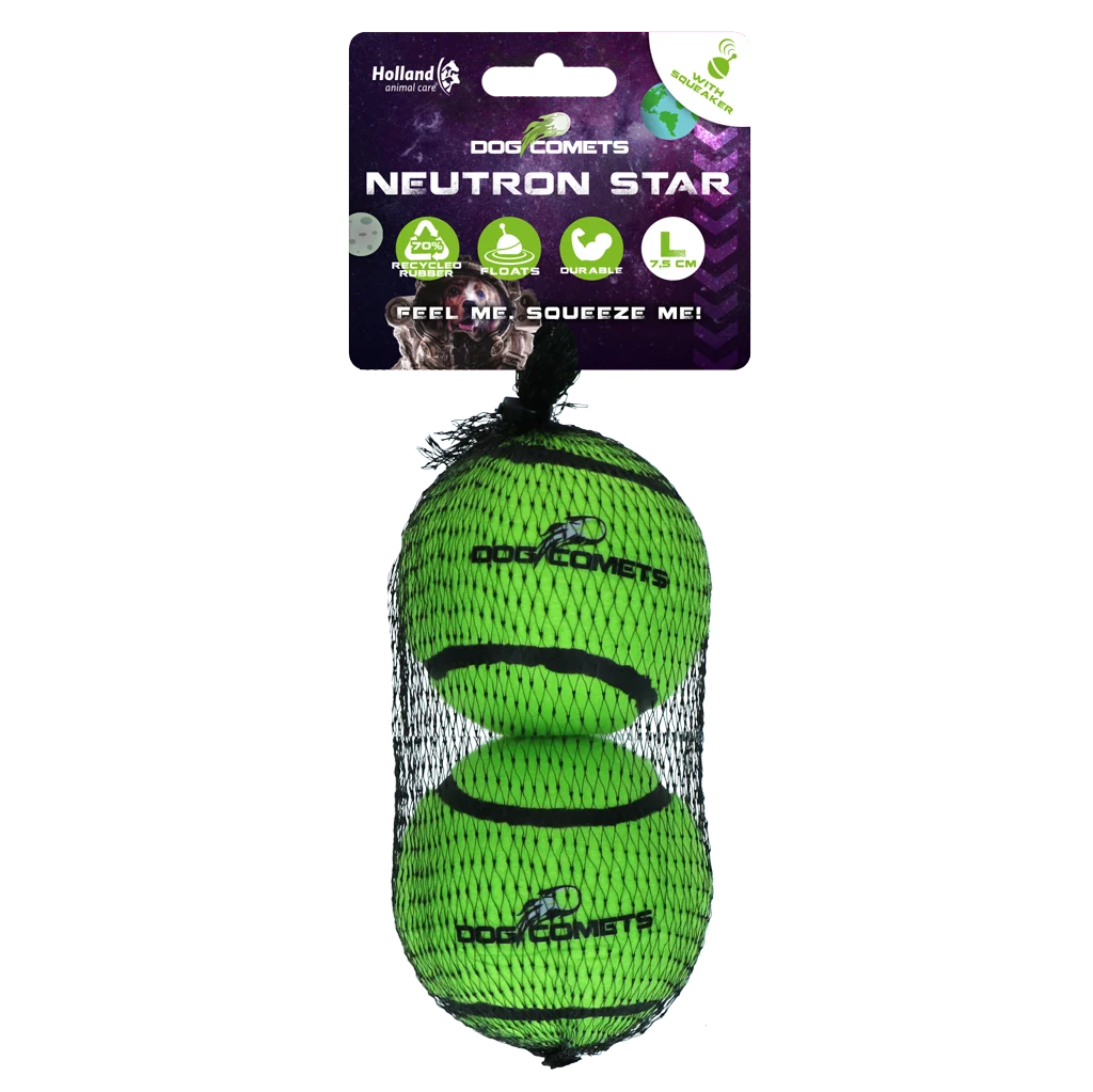 Pallina da tennis con squeaker e bordo in gomma, Verde L, 7,5 cm, 2 pezzi – Dog Comets Neutron Star - immagine 1